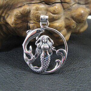 Solid 925 Sterling Silver Mermaid, Dolphin, & Waves Sea Life Jewelry Pendant